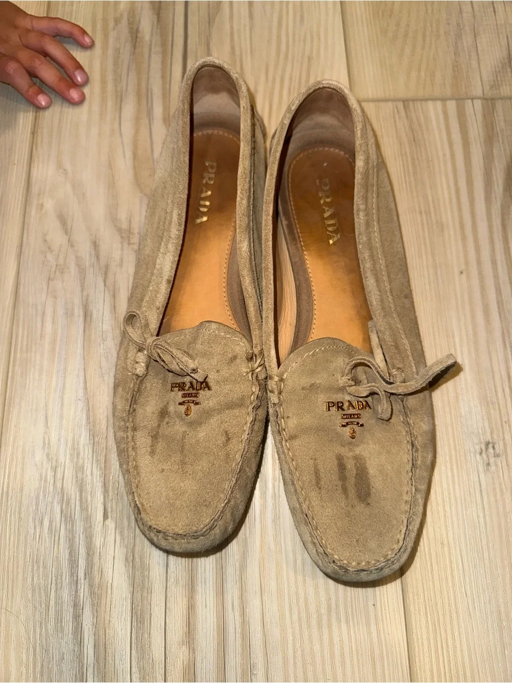 Prada Beige Suede Bow Moccasin Loafers